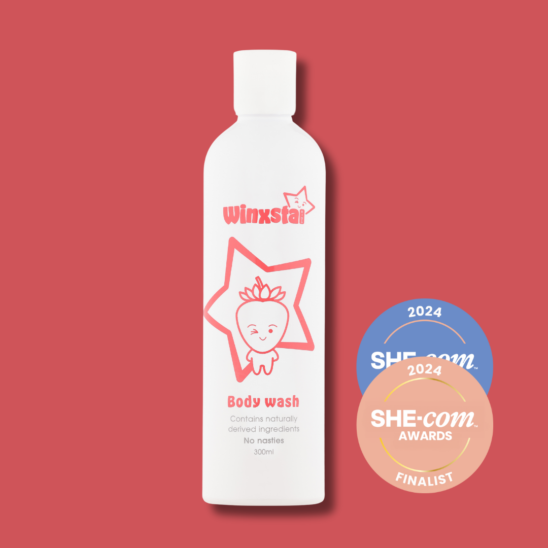 Winxsta Kids body wash 300ml - white bottle with cute strawberry character and star shown on the front. 