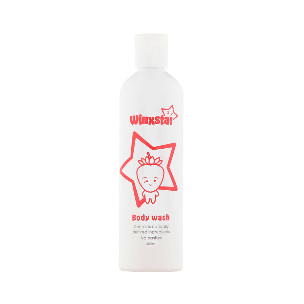 Winxsta Kids body wash 300ml - white bottle with cute strawberry character and star shown on the front. 